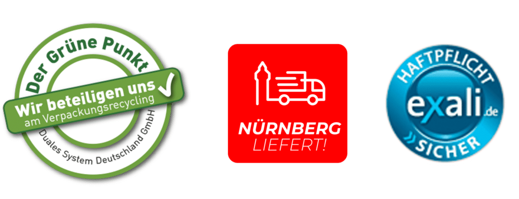 Wir beteiligen uns am dualen System des Grünen Punktes, liefern mit lokalen Lieferdiensten und sind Betriebshaftpflicht versichert