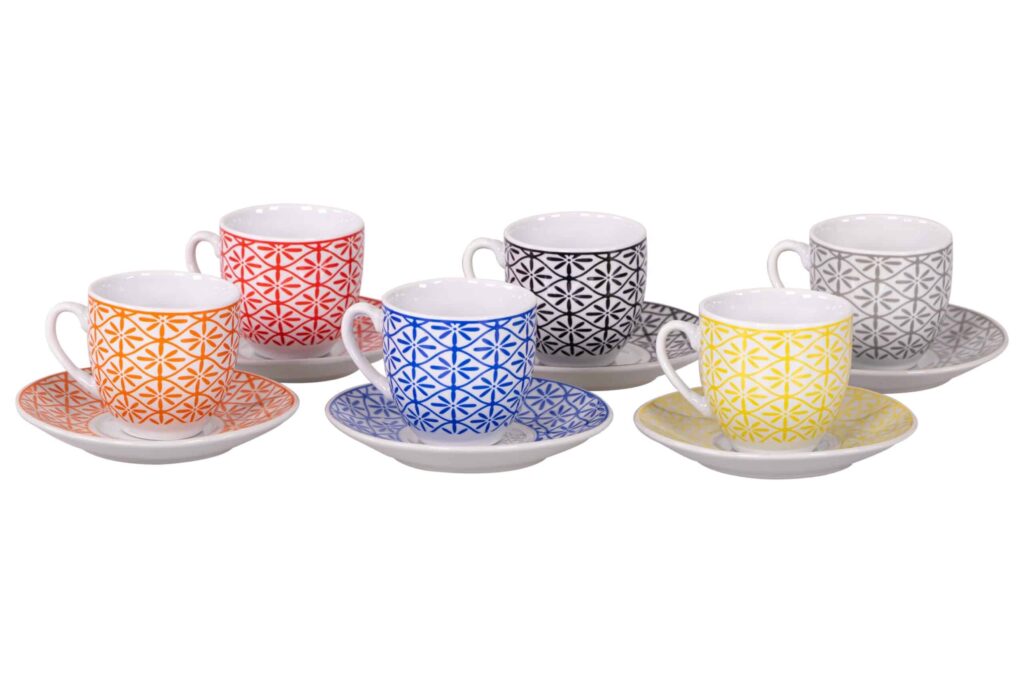 Set 6 Espressotassen elegantes Farbmuster mit Untertasse