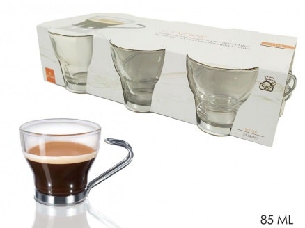 Set 6 Espressinotassen aus Glas 85 ml mit Metalhenkel